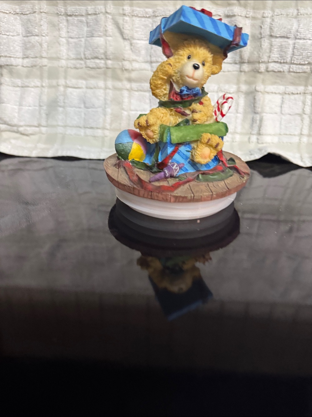Hand-Painted Yellow Bear Figurine with Blue Hat - CANDLE JAR COVER